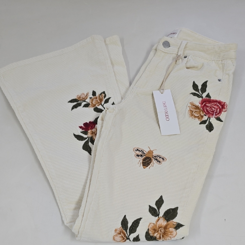 Driftwood Farrah Offwhite Corduroy Flare Pants Bees & Roses Embroidery - Picture 2 of 13